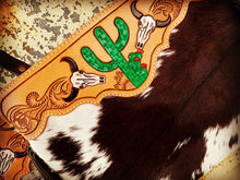 Load image into Gallery viewer, TOOLED COWHIDE CLUTCH & HANDBAG~TURQUOISE OR CACTUS🌵🐮🌵