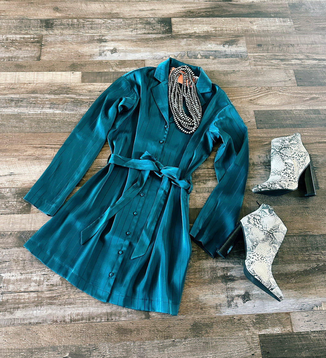 PINSTRIPE SATIN DRESS~DEEP TURQUOISE 🌵