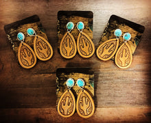 Load image into Gallery viewer, TOOLED LEATHER CACTUS EARRINGS~GENUINE TURQUOISE 🌵
