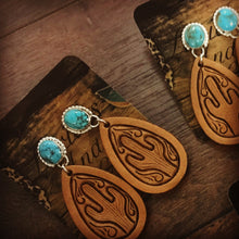 Load image into Gallery viewer, TOOLED LEATHER CACTUS EARRINGS~GENUINE TURQUOISE 🌵
