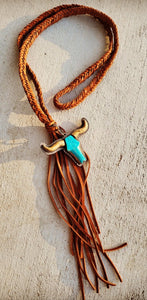 TURQUOISE LONGHORN LEATHER NECKLACE🐂