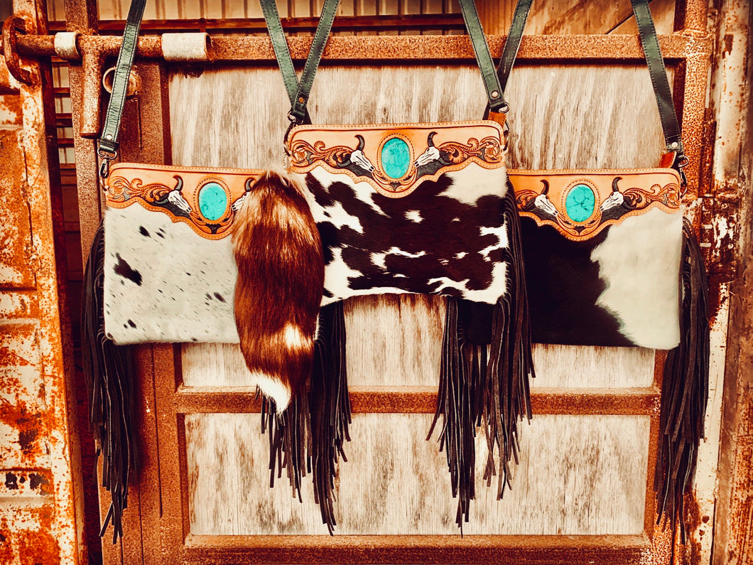 TOOLED COWHIDE CLUTCH & HANDBAG~TURQUOISE OR CACTUS🌵🐮🌵