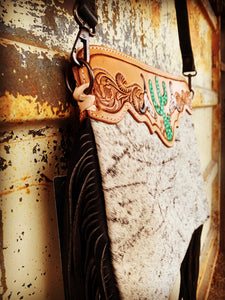 TOOLED COWHIDE CLUTCH & HANDBAG~TURQUOISE OR CACTUS🌵🐮🌵