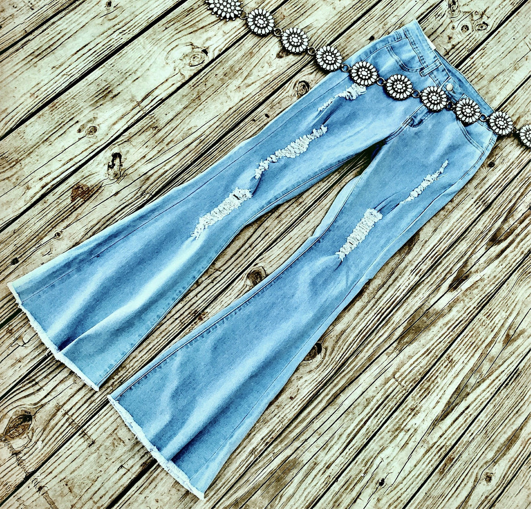 DESTROYED DENIM BELLS ~LIGHT WASH💙