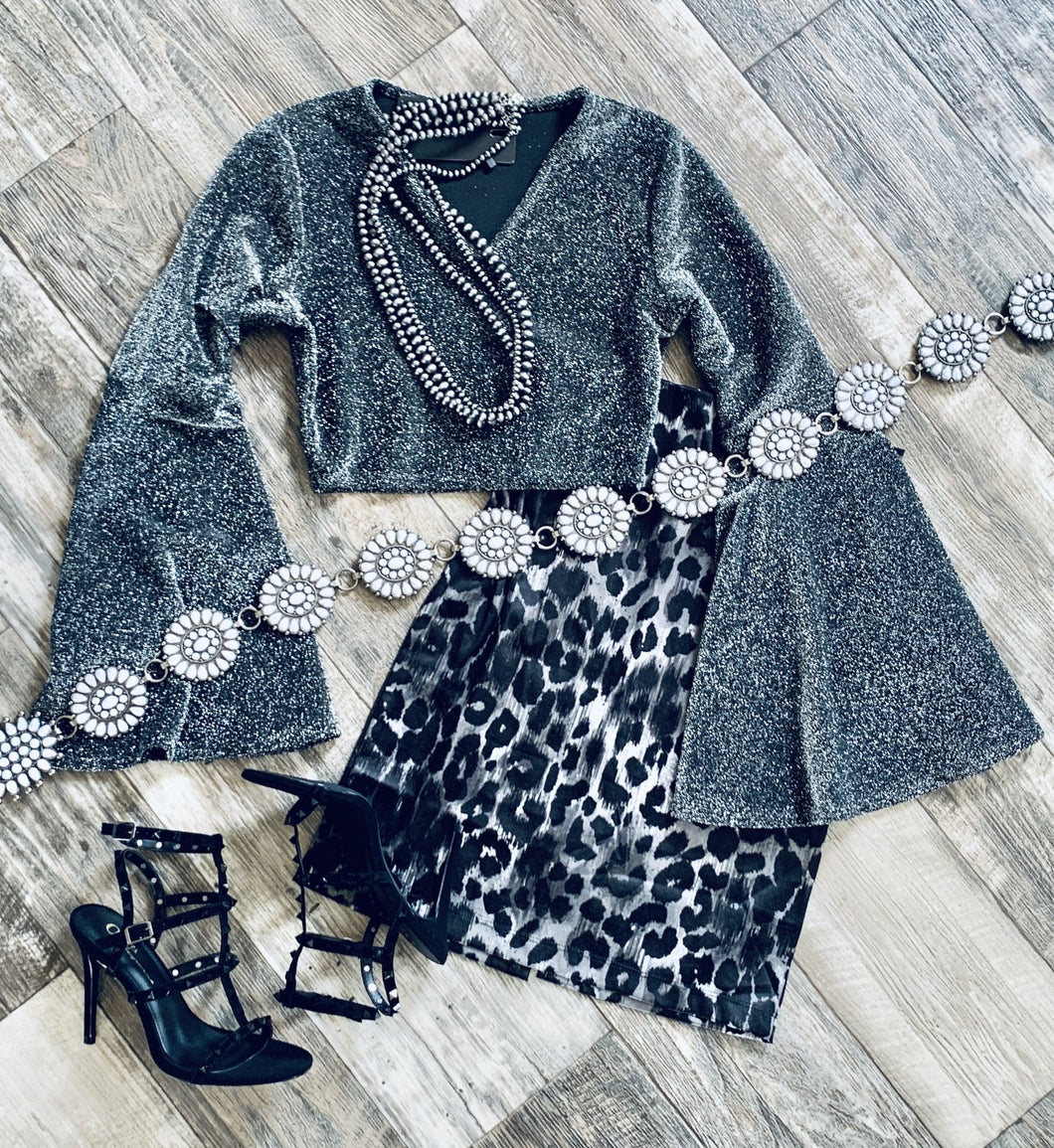 SHIMMER BELL SLEEVE TOP~CHARCOAL💎