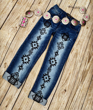 Load image into Gallery viewer, EMBROIDERED AZTEC BOYFRIEND JEANS~DARK WASH💙
