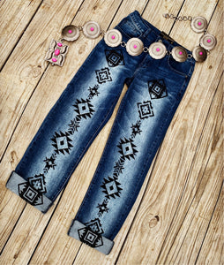 EMBROIDERED AZTEC BOYFRIEND JEANS~DARK WASH💙