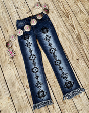 Load image into Gallery viewer, EMBROIDERED AZTEC BOYFRIEND JEANS~DARK WASH💙
